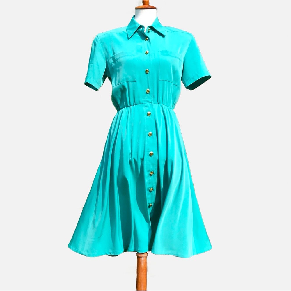 Vtg Liz Claiborne Collared Button Down Poly Dress